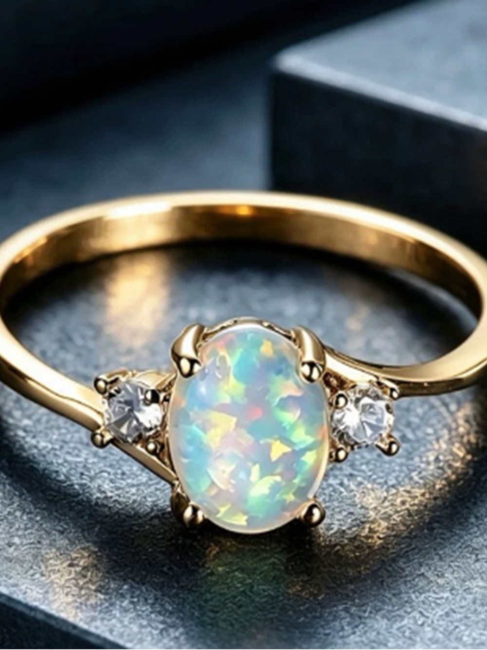 Gold Opal Three-Stone Ring - iridescent White Opal Center